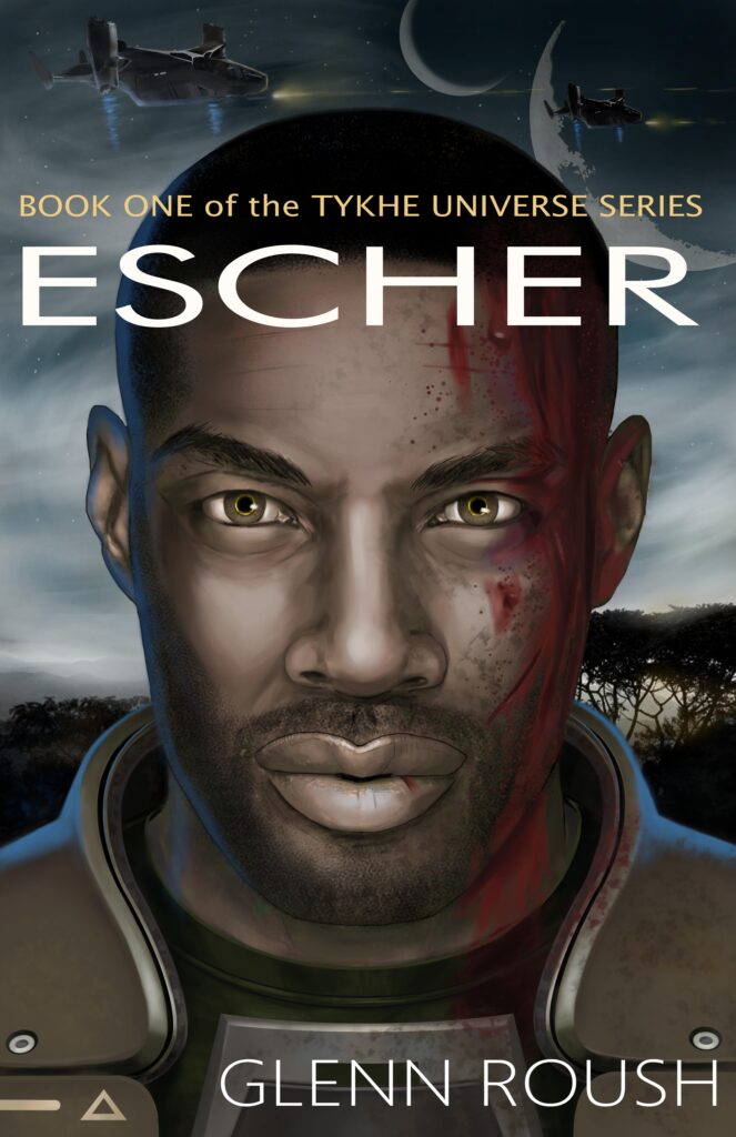 Picture of a wounded, futuristic soldier for the cover of Escher Book 1 of the Tykhe Universe book series.